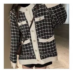 Black and Cream Tweed Cardigan with Pocket Detail Gold Buttons One Size